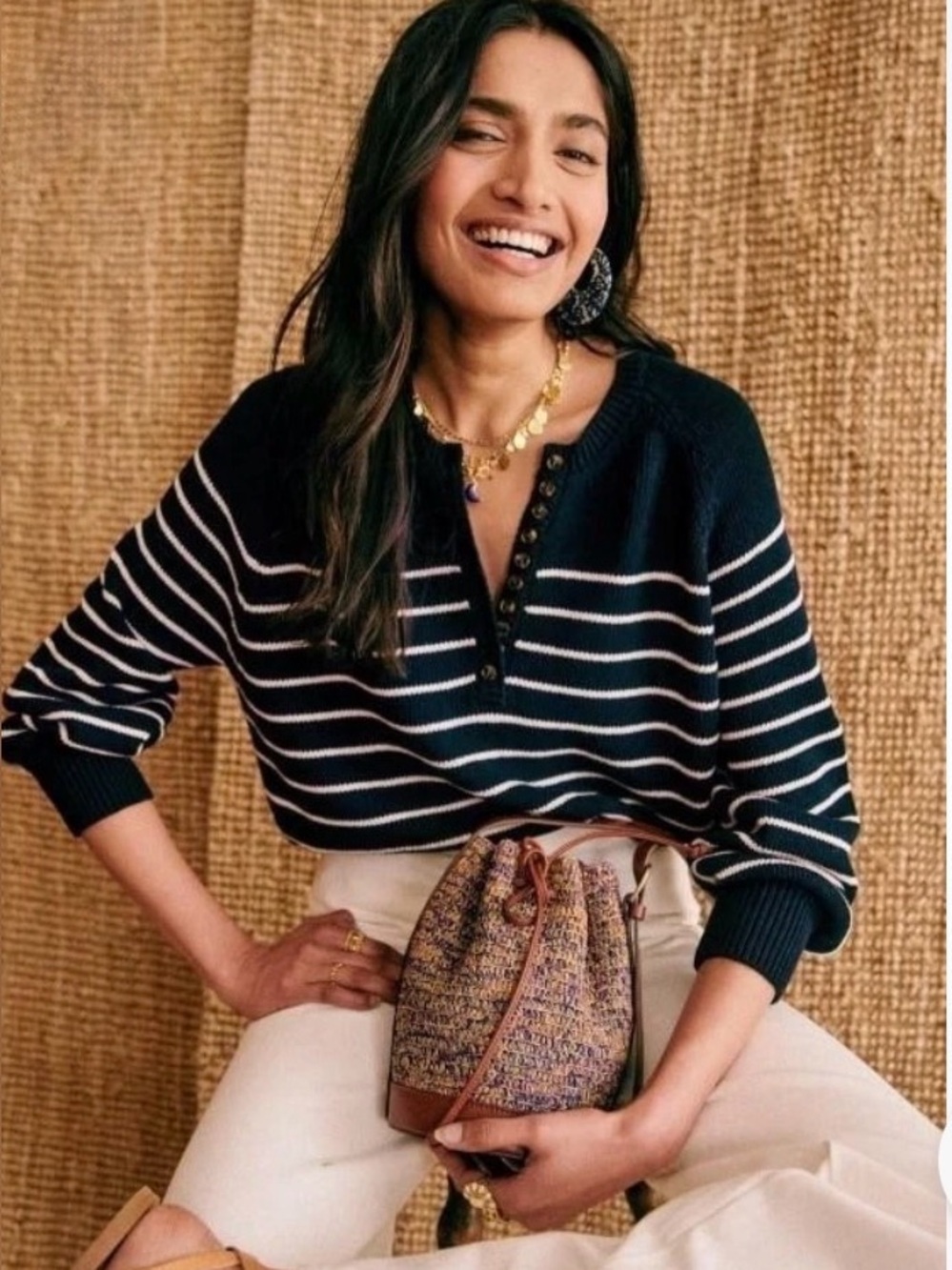 Sezane Leontine Organic Cotton Jumper/ Sweater Navy Ecru Stripe XL